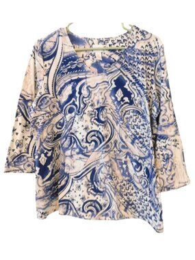 Chicos Womens Sz 2 Blue Paisley Print Top 3/4 Sleeve Flowy Boho Resort Knit